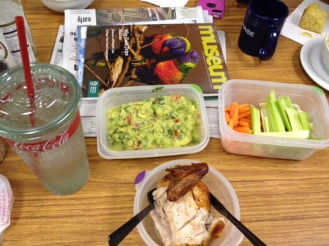 Chicken (from Boston Market which may not be legal) carrots, celery, and guacamole.  